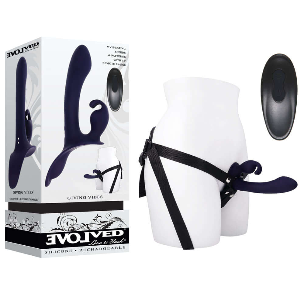 Evolved GIVING VIBES - Black 14.6 cm USB Rechargeable Vibrating Strap-On with Remote